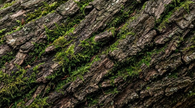 Close up of rough tree bark with vibrant green moss