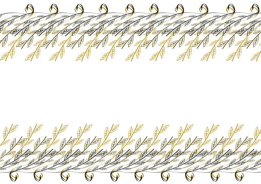 Elegant Gold and Black Botanical Vine Leaves Top and Bottom Horizontal Borders Isolated on Transparent Background