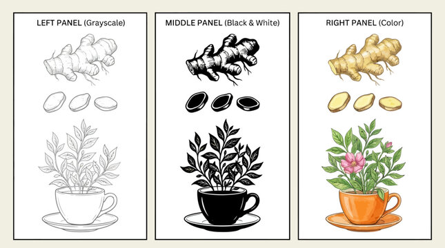 Comparison of ginger root illustrations in grayscale black and white and full color styles.