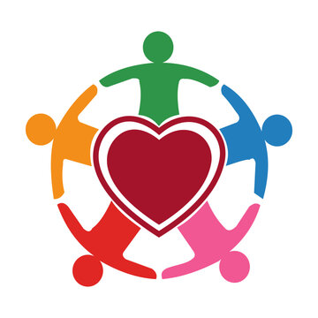 Diverse people holding hands in a circle around a heart unity love diversity. Resizable and editable, EPS 10.