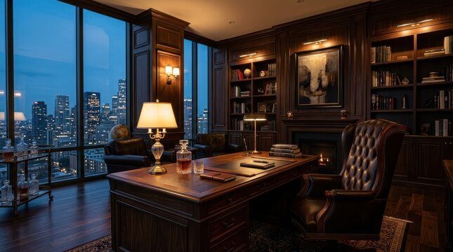 Executive office with a large desk and leather chair overlooking a city skyline at dusk