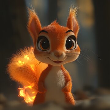 A playful squirrel with a flame-like tail grins happily in an enchanting woodland scene