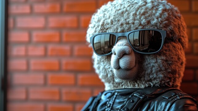 A fashionable llama dons sunglasses and a leather jacket, exuding charm and charisma
