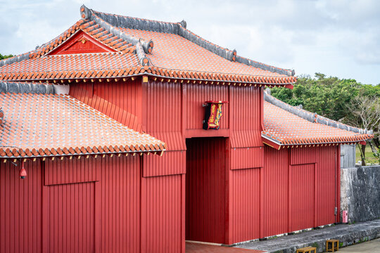 Shuri castle details with view of red Koufukumon entrance gate of Shurijo castle in Naha Okinawa Japan