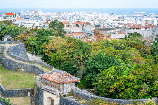 Shuri castle fortifications and panorama of Naha city taken from Shurijo castle in Naha Okinawa Japan