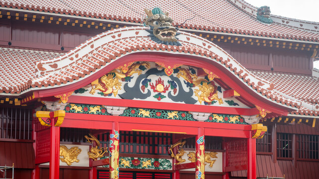 Shuri castle details with view of rebuilt Seiden main hall entrance gate of Shurijo castle in Naha Okinawa Japan
