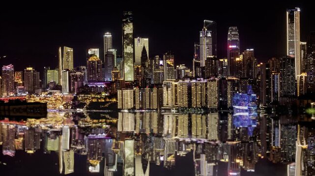 Chongqing cyberpunk city skyline illuminated at night reflected in water