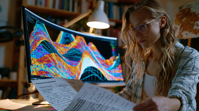 Synthetic data visualization glows on curved workstation screen while data scientist in home office cross-references printed training dataset documentation, bookshelves visible behind, desk lamp ang