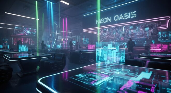 Futuristic neon cafe interior with glowing tables and digital displays, "neon oasis