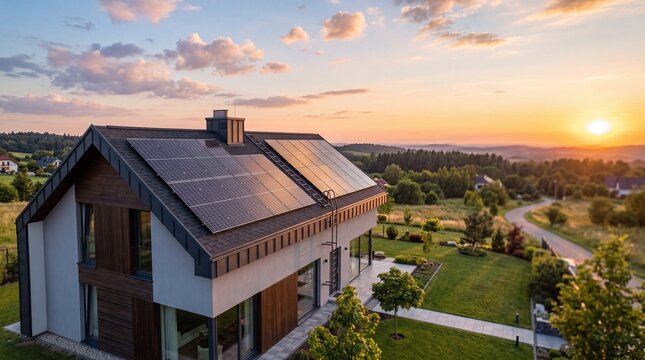 Aerial view of modern house with solar panels on rooftop at sunset