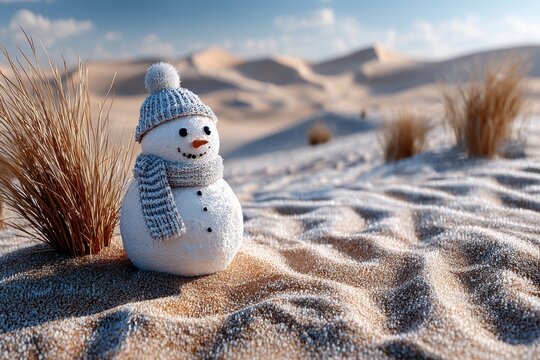Snowman stands in a desert landscape under a bright blue sky