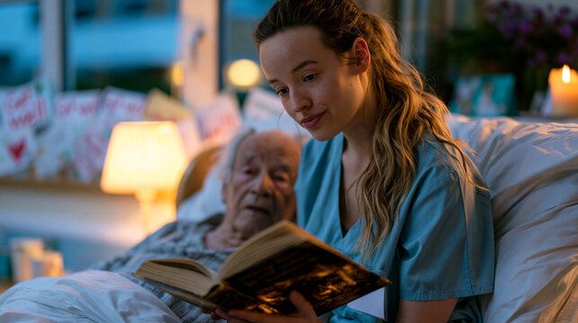 Volunteer visitor reads aloud from a hardcover book to a bedridden elderly man in a hospital room, bedside lamp casting warm candlelit atmosphere, get-well cards arranged on the window ledge, the vo