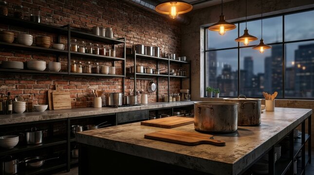 Industrial kitchen with brick walls and city view at dusk, stocked with cookware