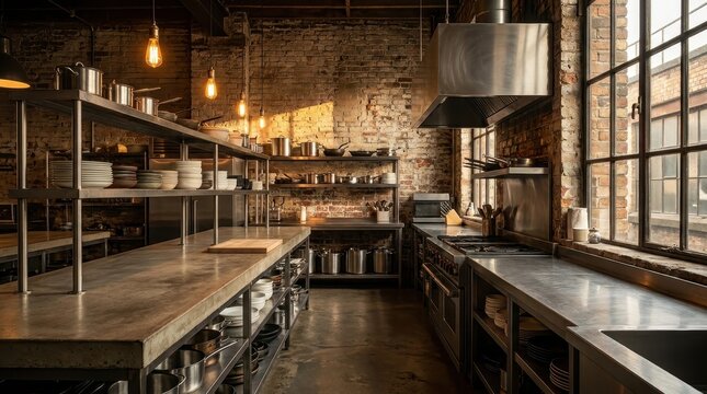 Industrial kitchen with stainless steel counters, brick walls, and large windows