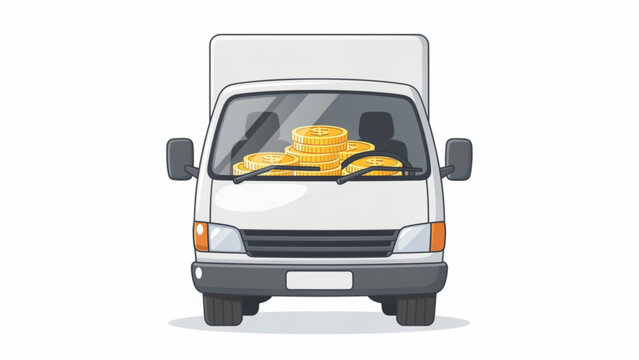 front view of delivery van with coins and cash on windshield in urban setting