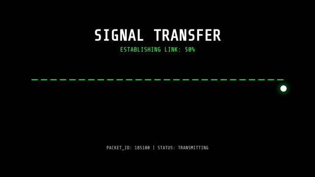 Signal transfer animation, establishing link progress bar, green dot moving along dashed line, symbolizing data transmission and connectivity