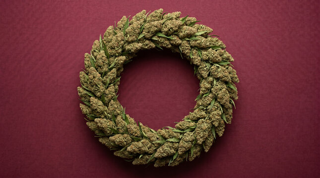 Decorative wreath crafted from dried cannabis buds arranged in a circle on a dark burgundy background