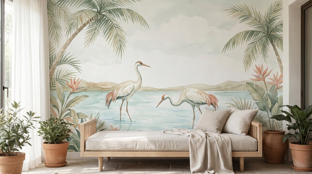 Minimalist living room with a tropical crane wallpaper mural and a wooden daybed in a sunlit interior