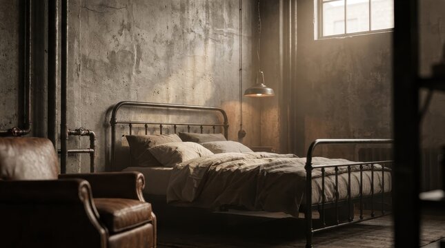 Industrial style bedroom with metal frame bed, leather armchair, and textured concrete walls