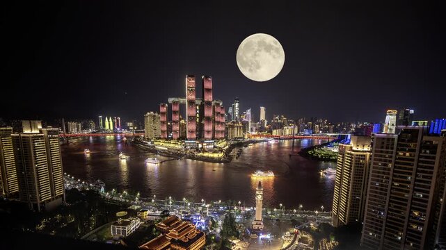 Chongqing cyberpunk city skyline illuminated at night reflected in water