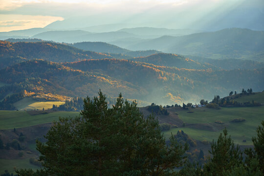 Beautiful layers of mountain ridges in autumn mist. Scenic Pieniny landscape.
