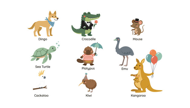 Cute cartoon Australian animal vector illustration set with kangaroo platypus dingo emu crocodile kiwi cockatoo mouse and sea turtle characters