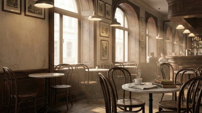 Interior of a vintage parisian cafe with wooden chairs and tables bathed in sunlight
