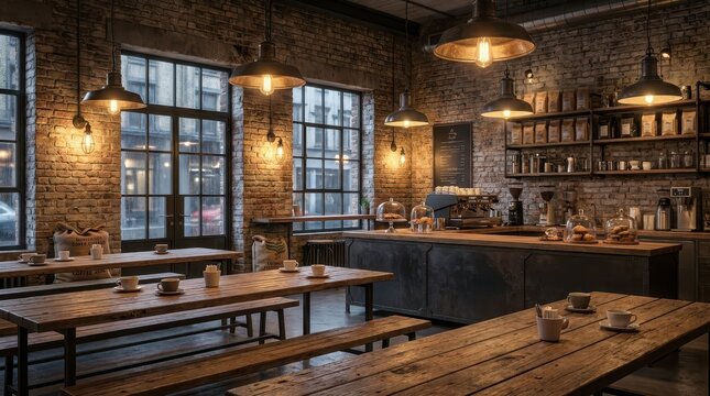 Interior of an industrial style cafe with exposed brick walls and wooden tables