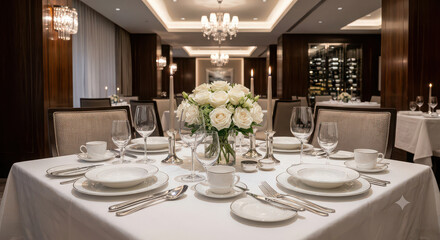 Fototapeta premium Table setting in an upscale restaurant features white floral arrangements and polished silverware ready for fine dining guests.