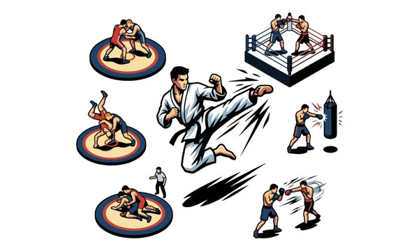 Combat sports collection with martial arts wrestling and boxing