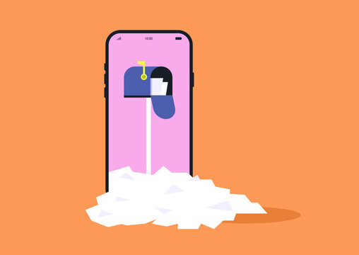 Vivid smartphone screen displays a mailbox bursting with incoming messages, illustrating the overwhelming nature of modern digital communication, It's a snapshot of daily life in a fast-paced world.