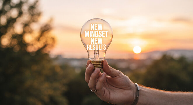 hand holding lightbulb with new mindset text at sunset