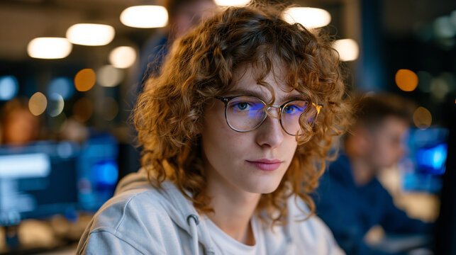 Young developer in community college lab carefully checks synthetic data AI training dataset for demographic gaps using printed validation checklist, instructor guiding from behind while peers work 