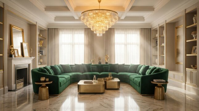 Luxurious curved green sectional sofa in a modern living room with gold accents and a chandelier