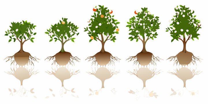 Fruit bearing tree growth sequence vector illustration with root systems