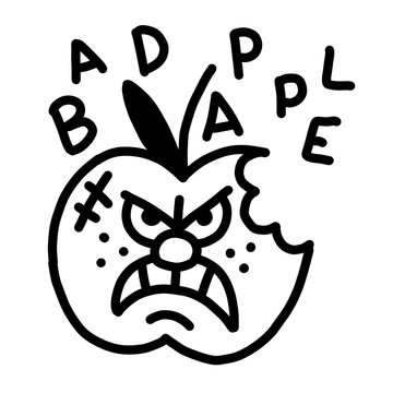 Edgy angry bad apple bitten cartoon outline vector icon