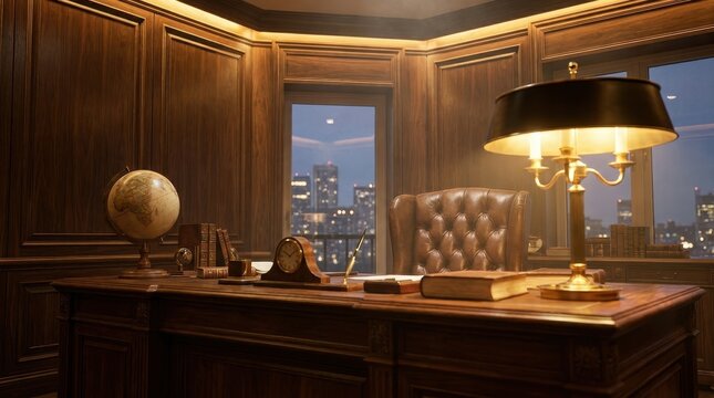 Luxurious executive office with dark wood paneling and city view at dusk