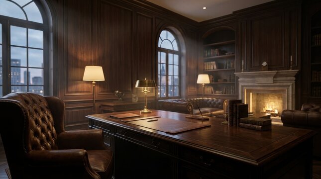 Luxurious executive office with dark wood paneling, fireplace, and city view