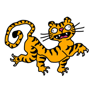 Wacky wild tiger cartoon doodle on black background