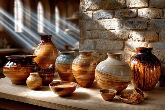 Handcrafted Clay Pottery Displayed on Wooden Table in Workshop