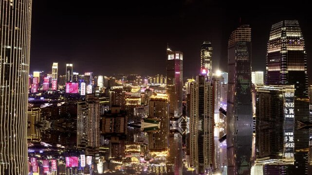 Chongqing cyberpunk city skyline illuminated at night reflected in water