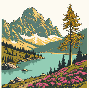 Mountain landscape with a lake and a tall pine tree bona fide mountain landscape wilderness outdoors wildlife adventure reflection highland backpacking panorama beautiful gorgeous