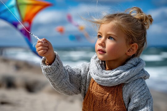 Young child enjoys flying a colorful kite at the beach on a windy day