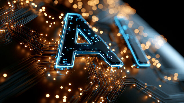 AI-Schriftzug leuchtet auf Mikrochip im gl&uuml;henden Datenraum mit Bokeh.