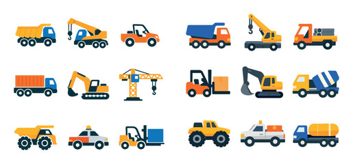 Naklejka premium Construction and transport vector icons with heavy truck crane vehicle and rugged wheels for branding design in colorful illustration style
