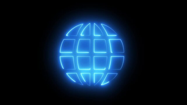 Glowing Neon Green Globe Icon World Grid Loop Animation on Black Background for Global Network and Internet Business