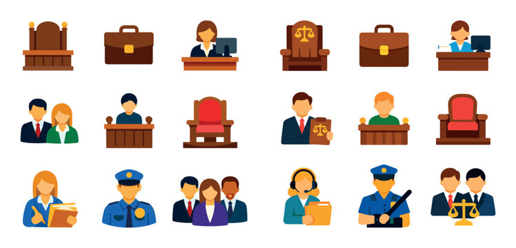 Judicial system and law roles icon set with witness chair legal team and legal assistant for marketing presentations in vibrant filled style