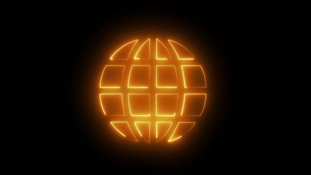 Glowing Neon Orange Globe Icon World Grid Loop Animation on Black Background for Global Network and Internet Business