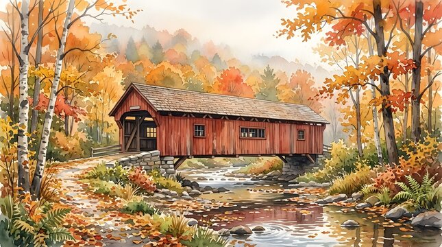 An old, rustic wooden covered bridge stands amidst a vibrant autumn forest. The trees are ablaze with fall colors of red, orange, and yellow, and a gentle stream flows beneath the bridge.