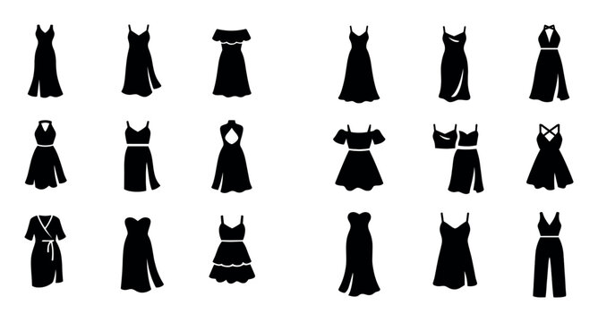 Evening fashion and summer elegance icon set with evening dress soft silhouette and light material for infographic design in filled vector art